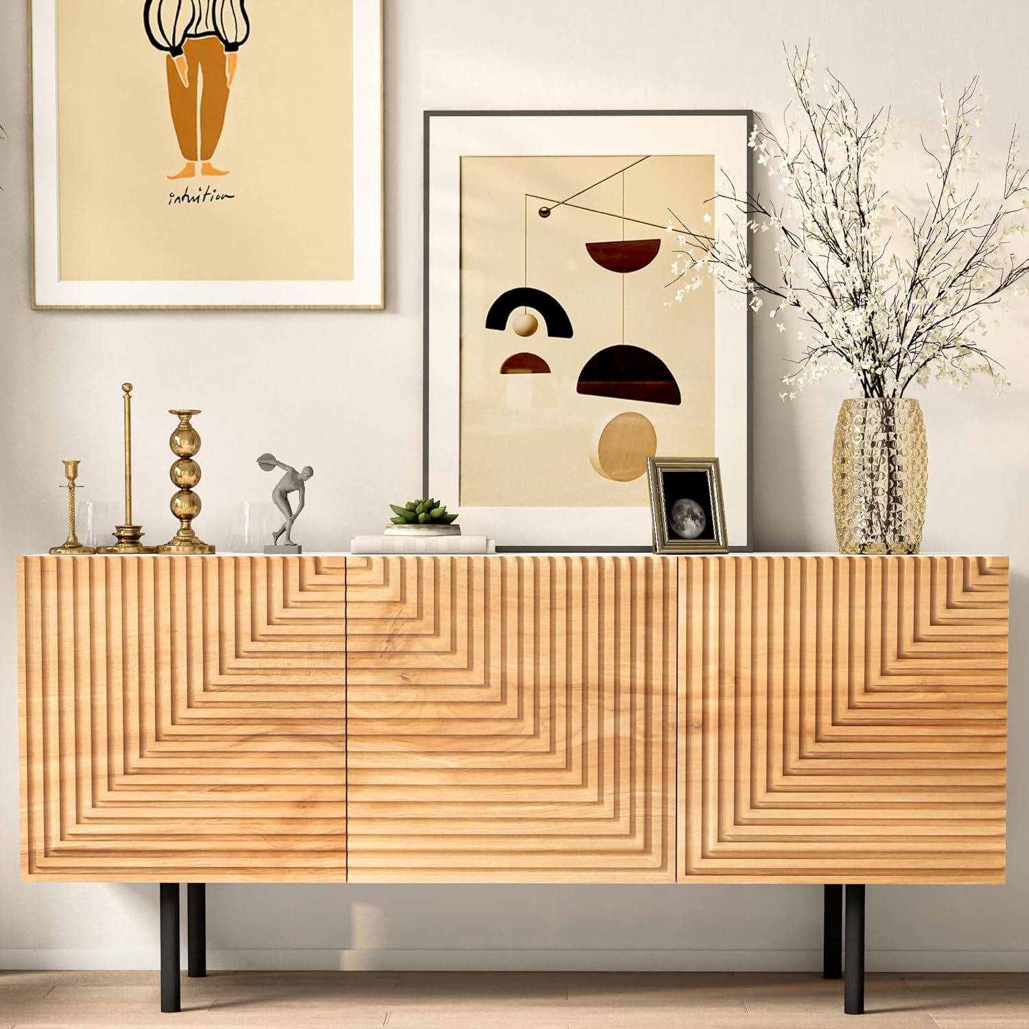 Mid Century Modern TV Stand, Poplar Wood, Boho Design