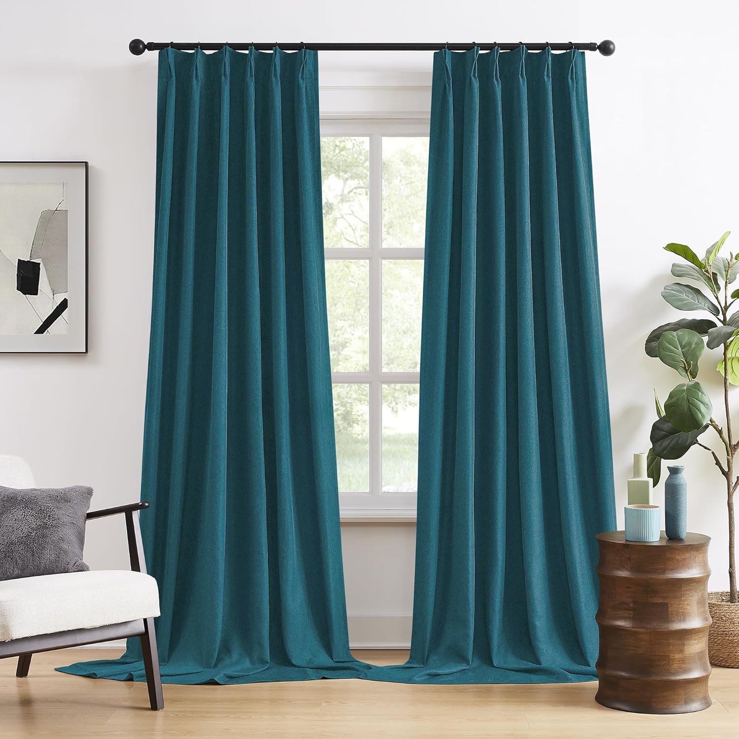 DUALIFE Dark Teal Blue Pinch Pleated Blackout Curtains 108 in