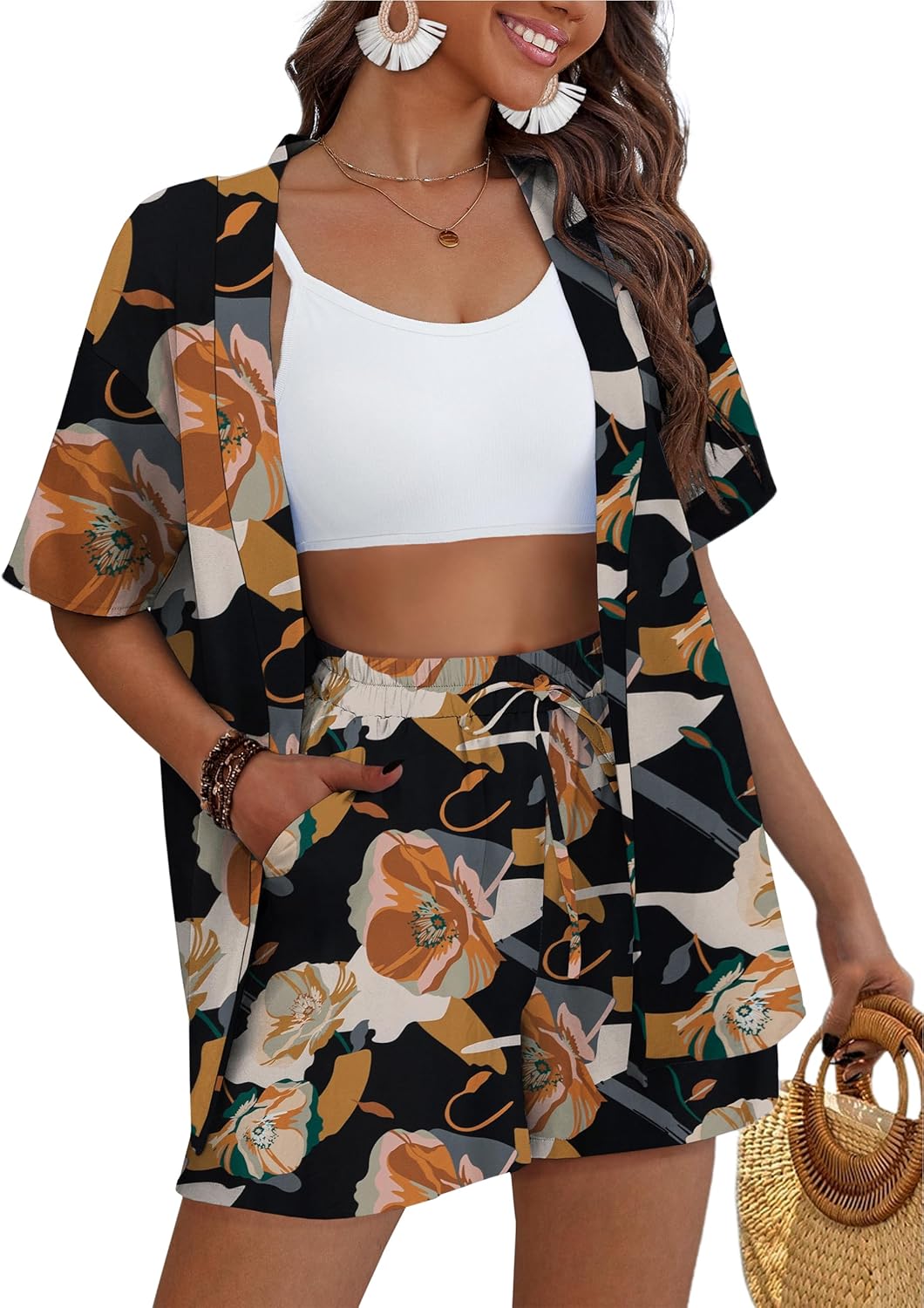 Tropical Print Kimono Style Women's 2 Piece Outfits for Summer