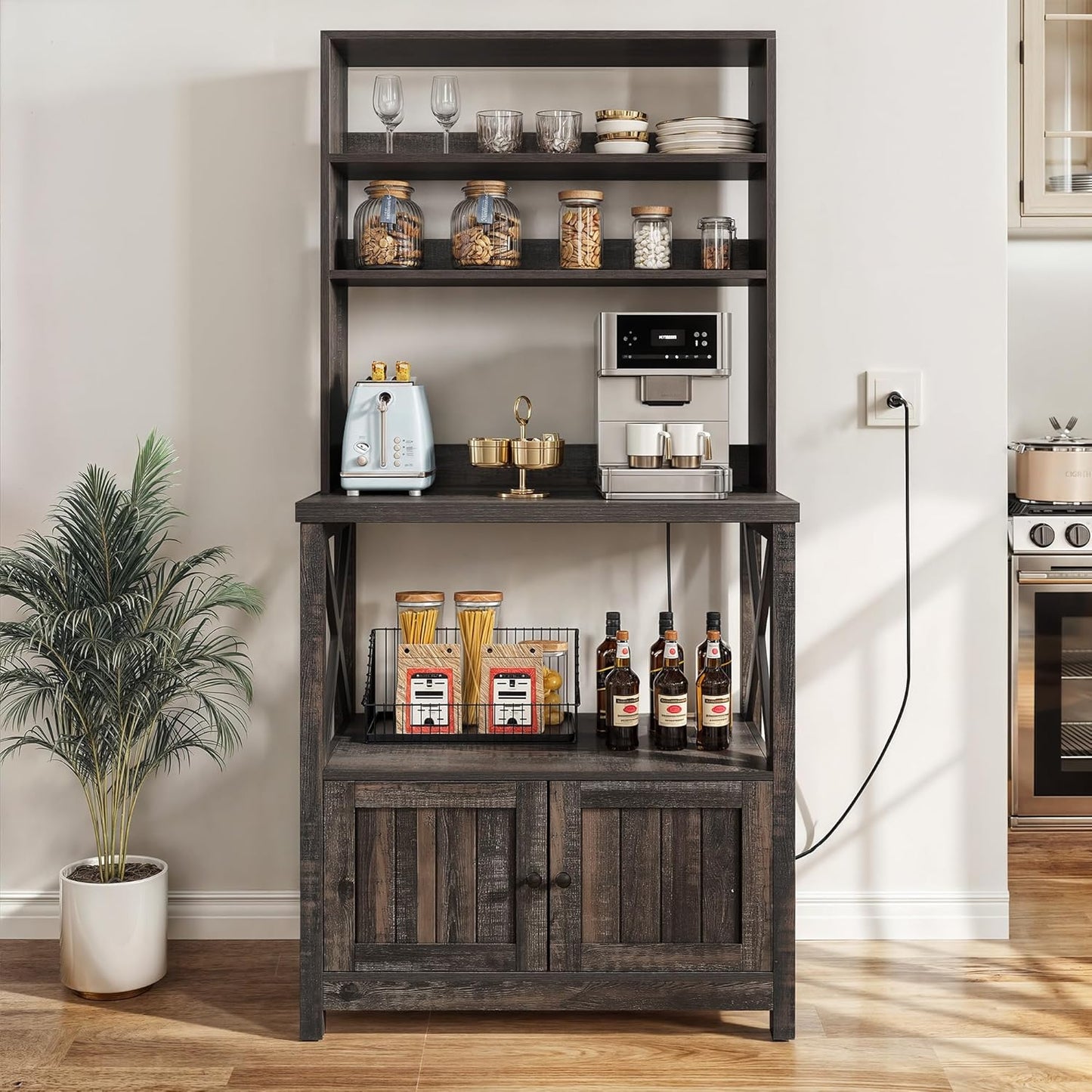 Farmhouse Microwave Stand with Storage - Rustic Oak