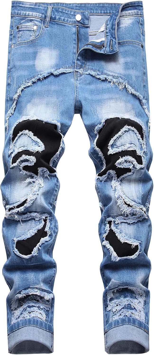 Baylvn Men's Designer Slim Fit Patchwork Jeans for Casual Style