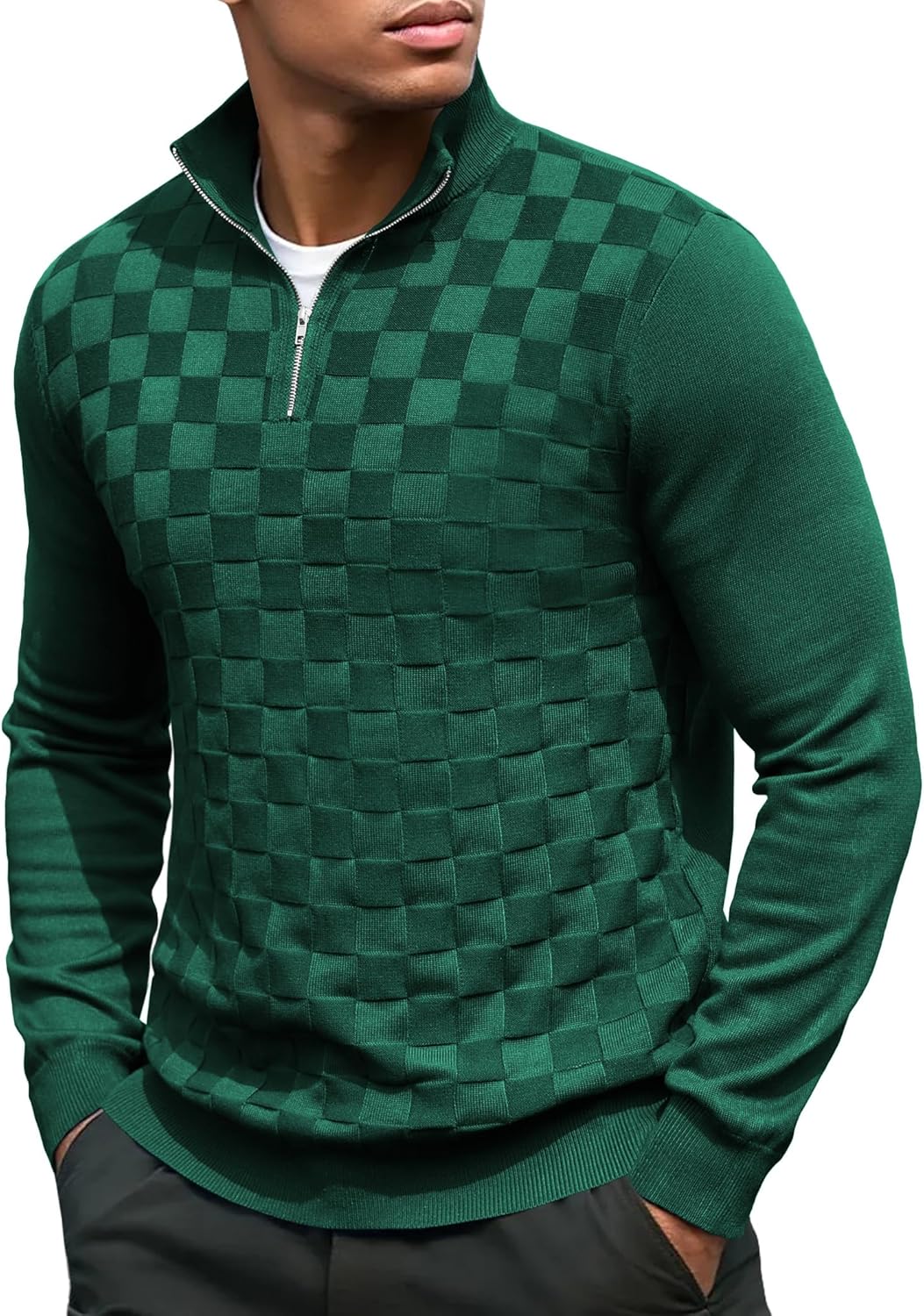 Stylish Jacquard Checkered Quarter Zip Pullover for Men