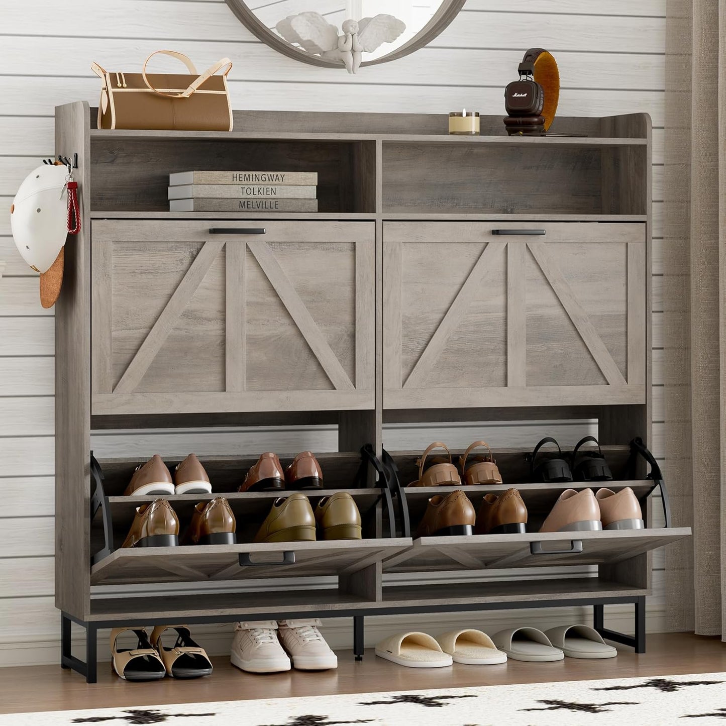 Narrow Shoe Storage Cabinet with 4 Flip Drawers for Entryway