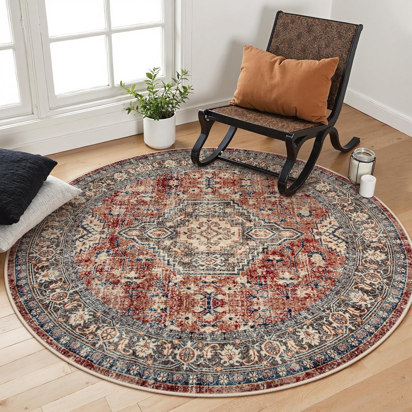 Lahome Oriental Washable Round Area Rug, Soft Non-Slip 6ft Carpet