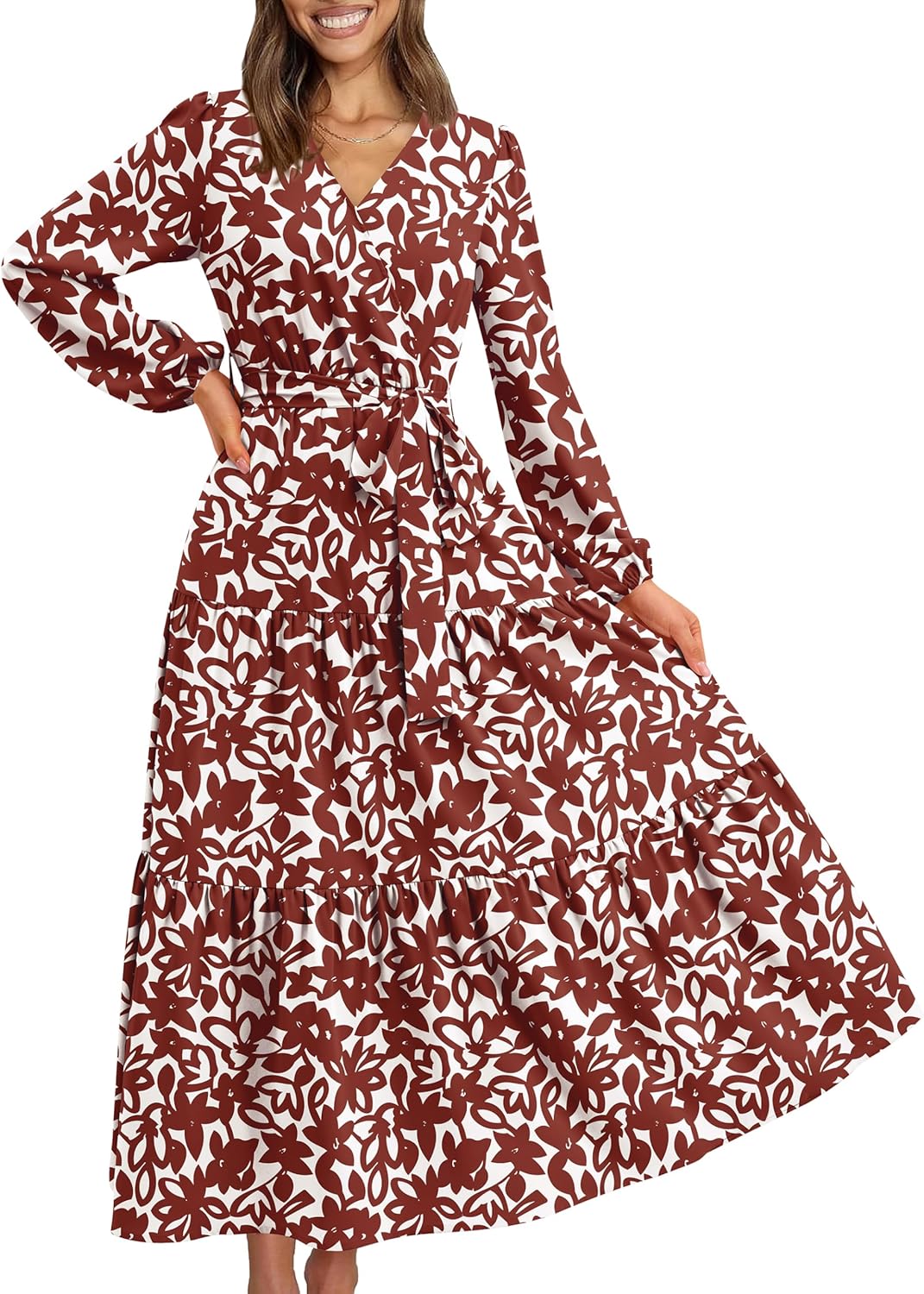 PRETTYGARDEN Womens Long Sleeve Wrap V Neck Floral Maxi Dress