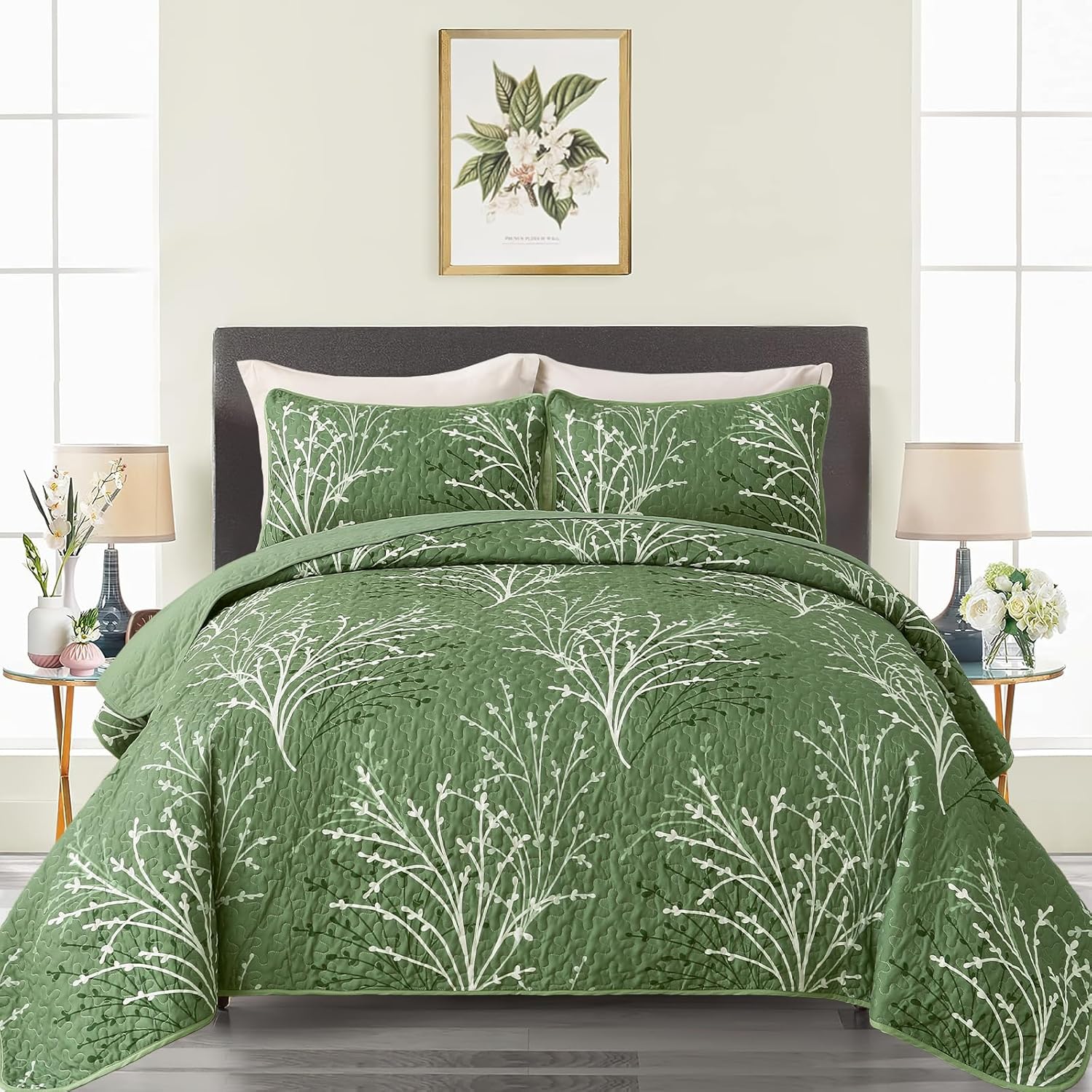 Green Quilt Set Queen Size with Floral Reversible Design