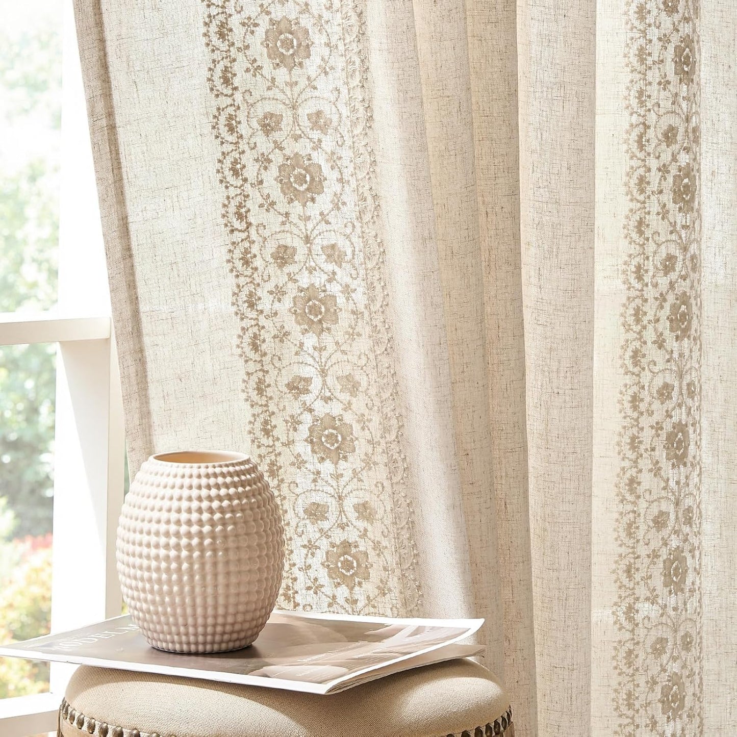 Linen Curtains for Bedroom 84 Inches Long with Vintage Floral