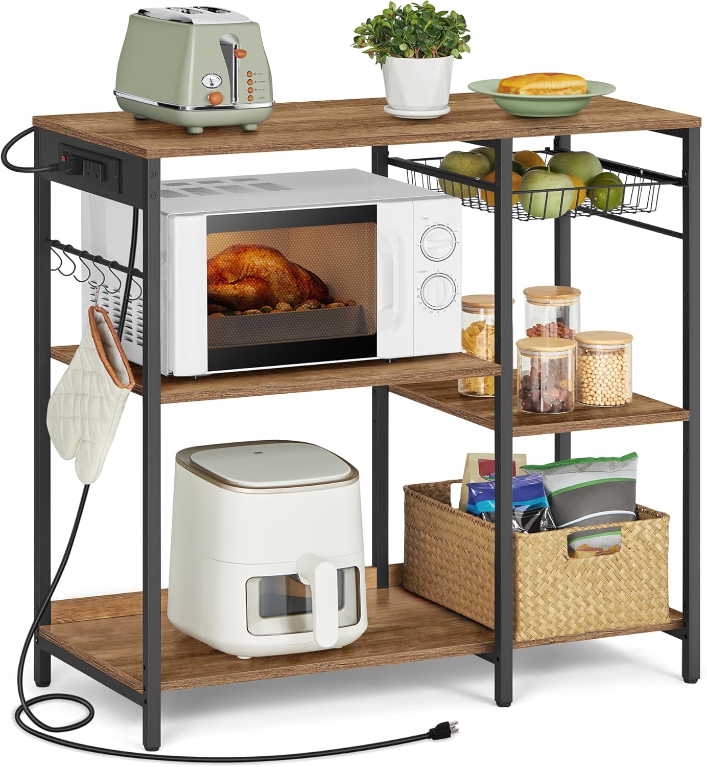 Rustic Walnut Baker's Rack with Charging Station