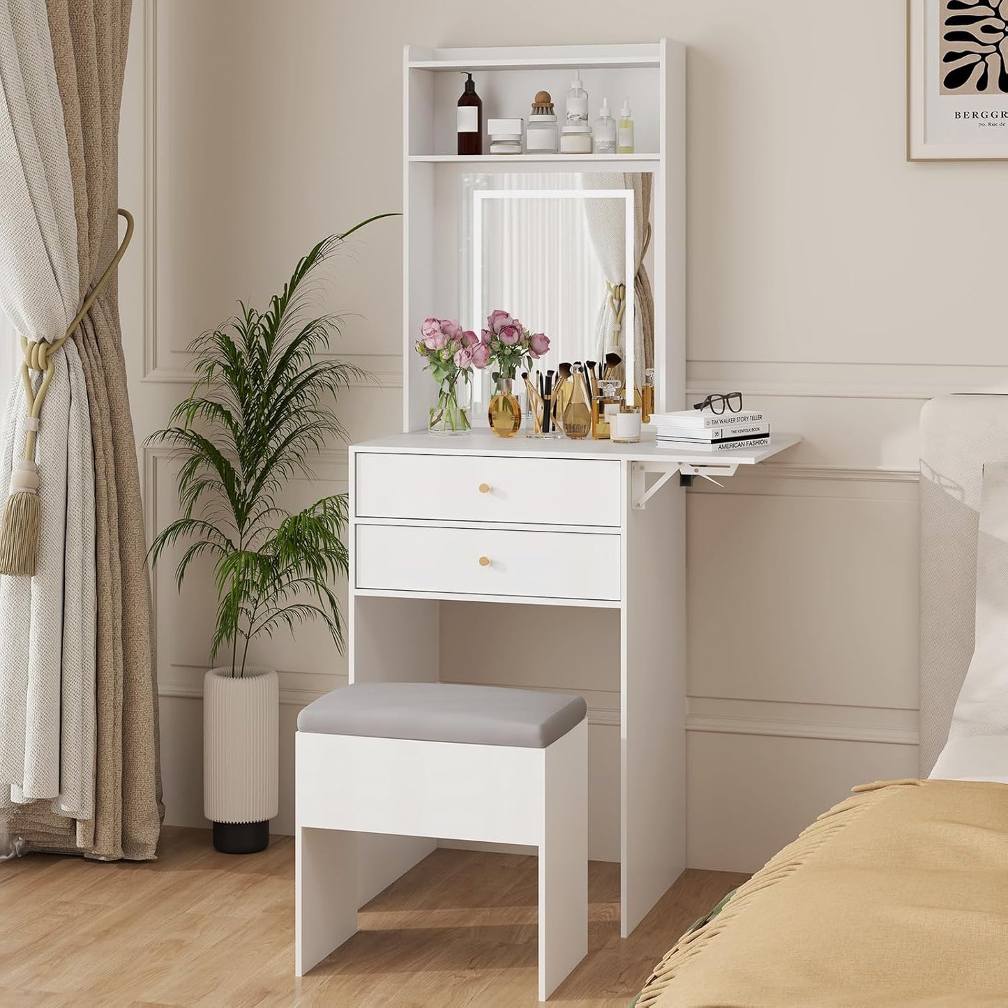 ARTETHYS Small Vanity Set: Adjustable Lighted Mirror & Storage Chair