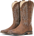 Square Toe Brown Cowboy Boots for Women Mid Calf - Embroidered Retro