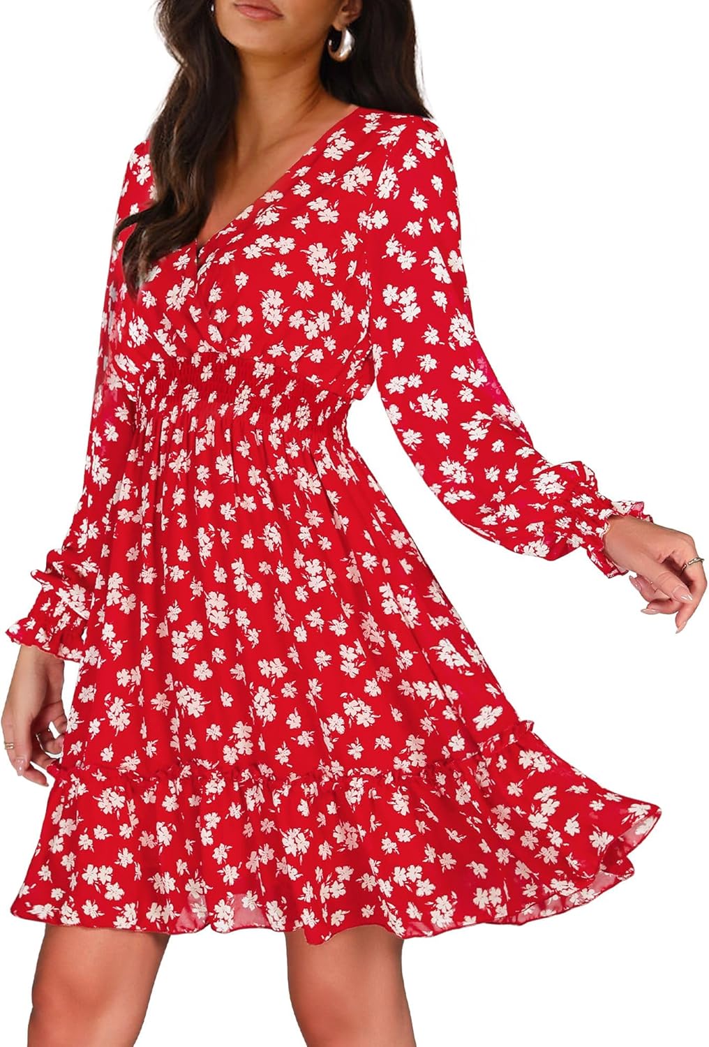 Prettywear Women's Floral Chiffon Long Sleeve Mini Dress
