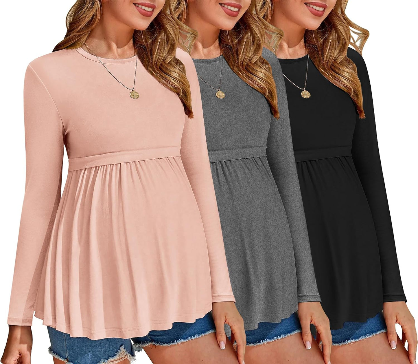 Ekouaer Maternity Shirts 3 Packs Long Sleeve Tops for Moms