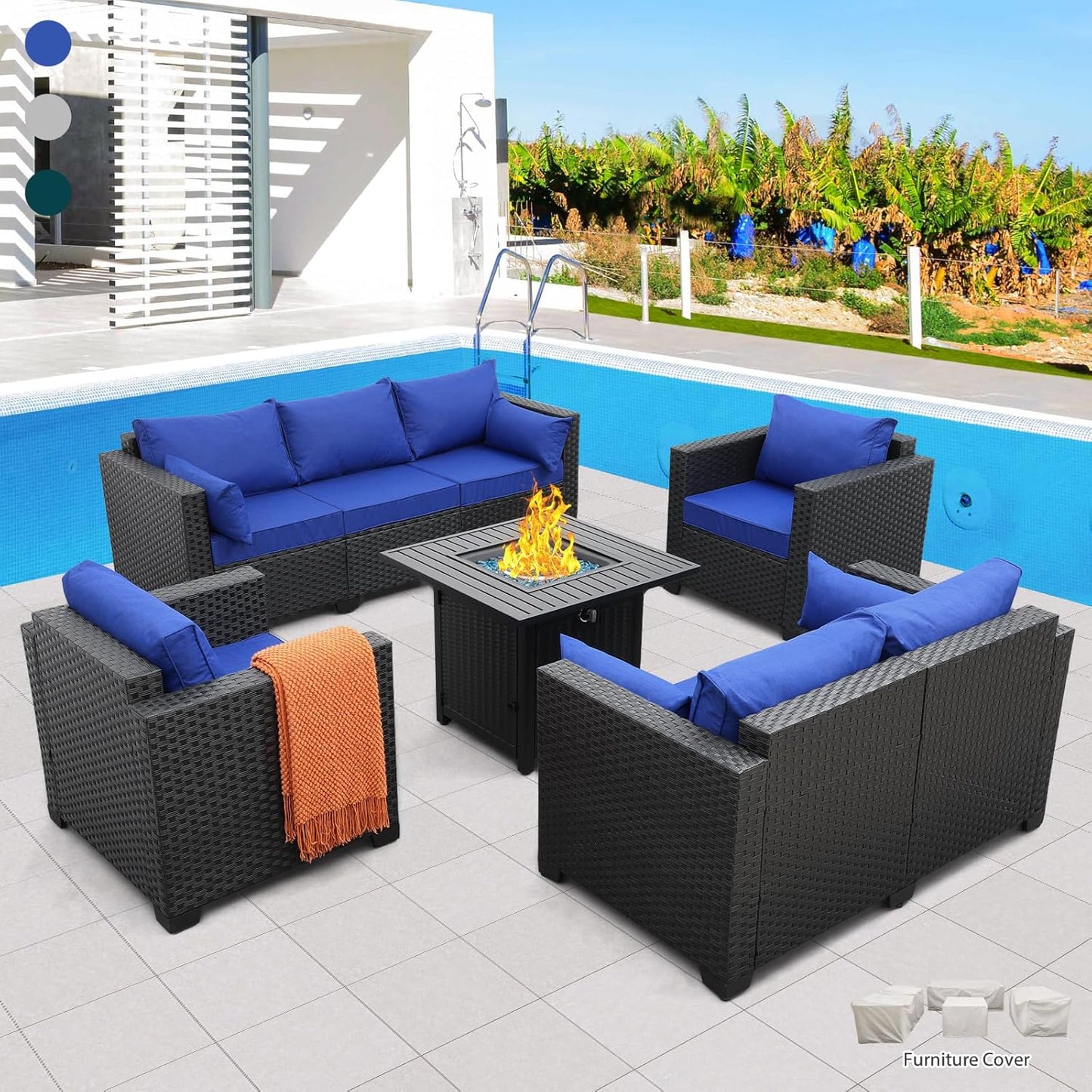 Rattaner Patio Furniture Sectional Sofa Set with Fire Pit Table