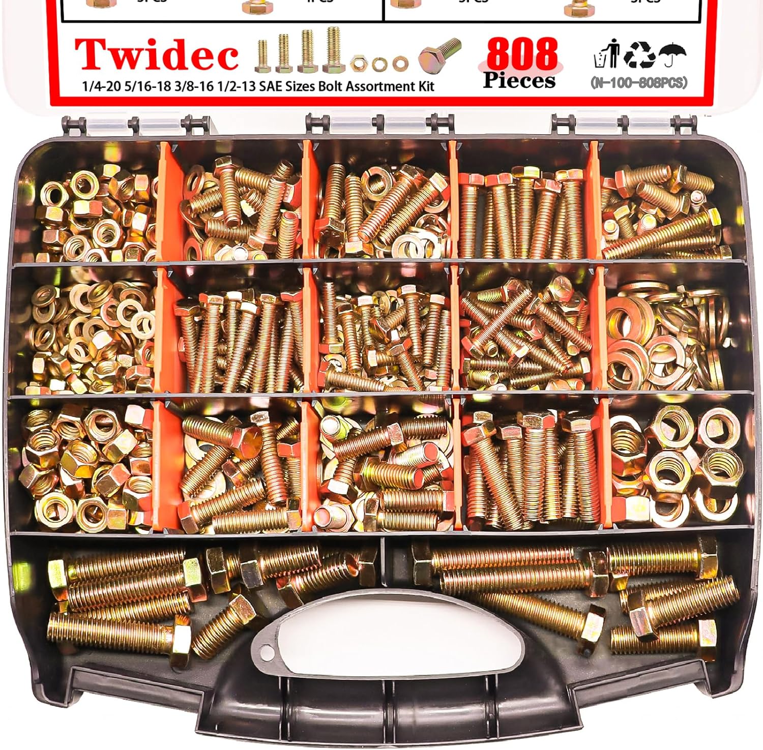 Twidec 808pcs Grade 8.8 Hex Head Nuts and Bolts Assortment Kit