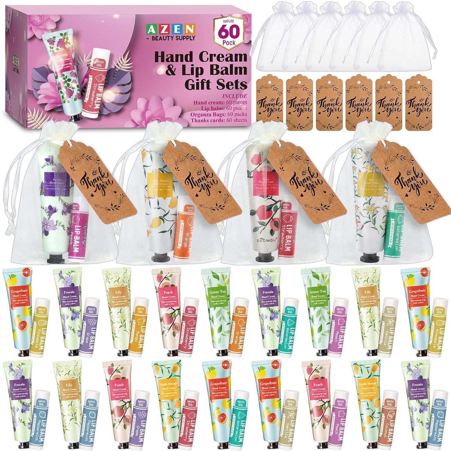 60 Sets Bulk Gifts Hand Cream and Lip Balm for Special Events