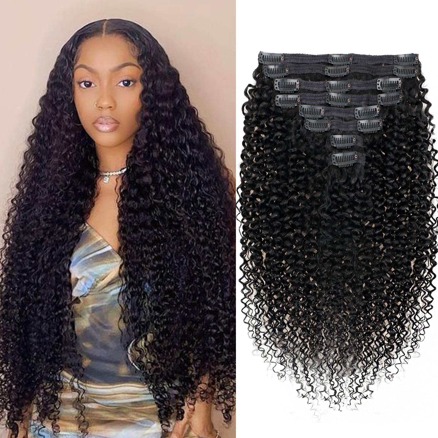 3C 4A Kinky Curly Human Hair Clip in Extensions for Women