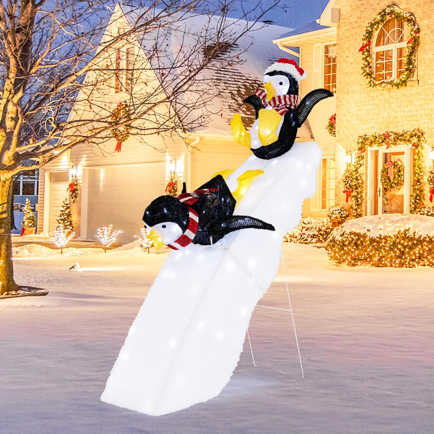 Lighted Christmas Penguin Slide Scene Decoration for Festive Cheer