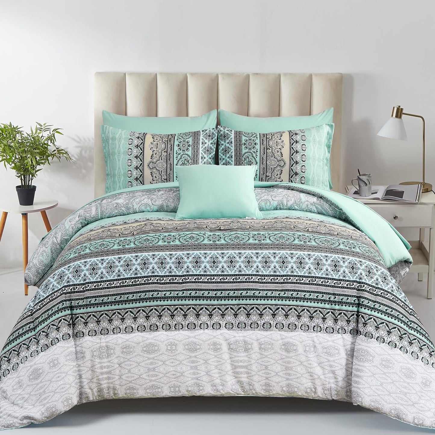 Boho Comforter Set King Size with Sage Green Paisley Design