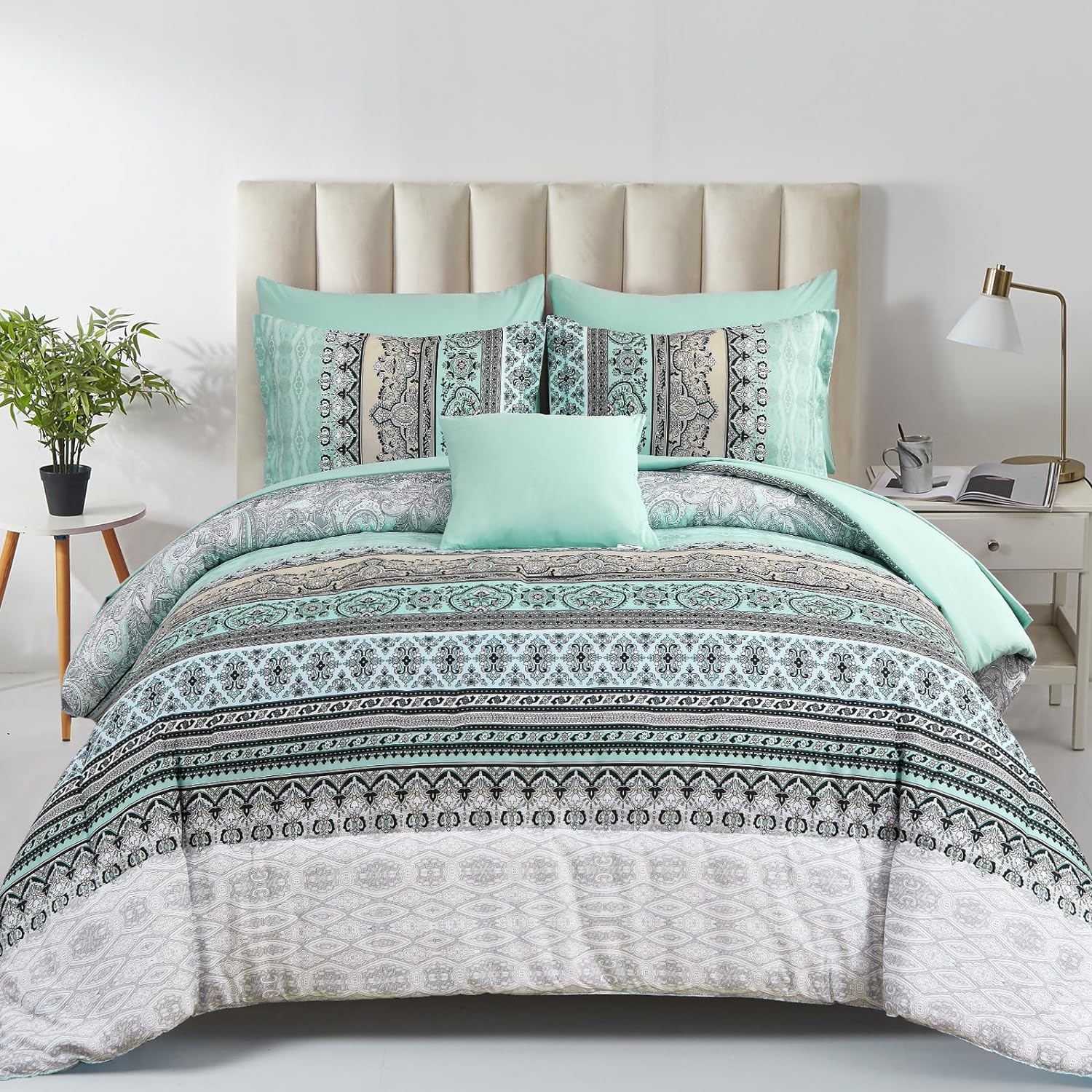Boho Comforter Set King Size with Sage Green Paisley Design