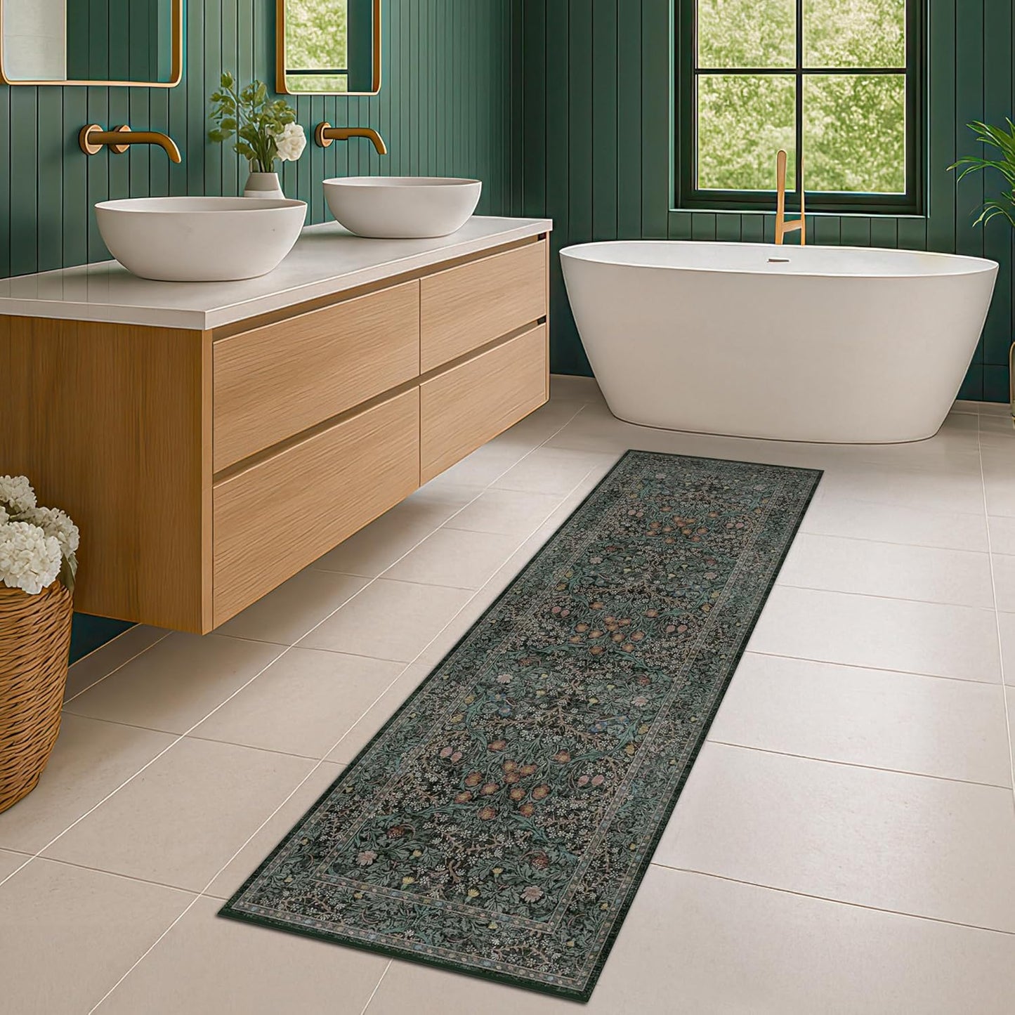 Dark Green 2x7 Long Washable Runner Rug for Vintage Charm