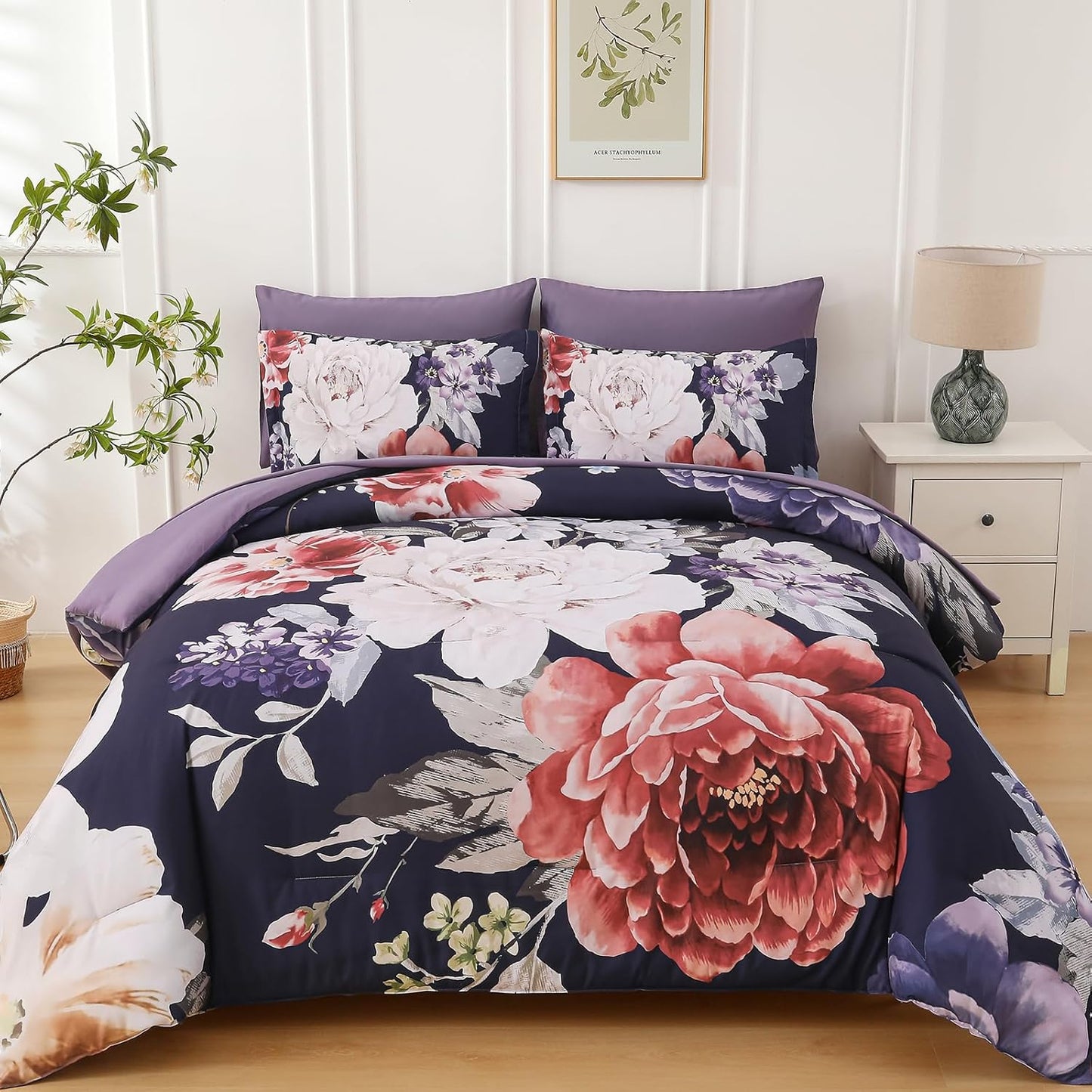 Dintszyayue Floral Bed in a Bag 7 Pieces Dark Purple Comforter Set