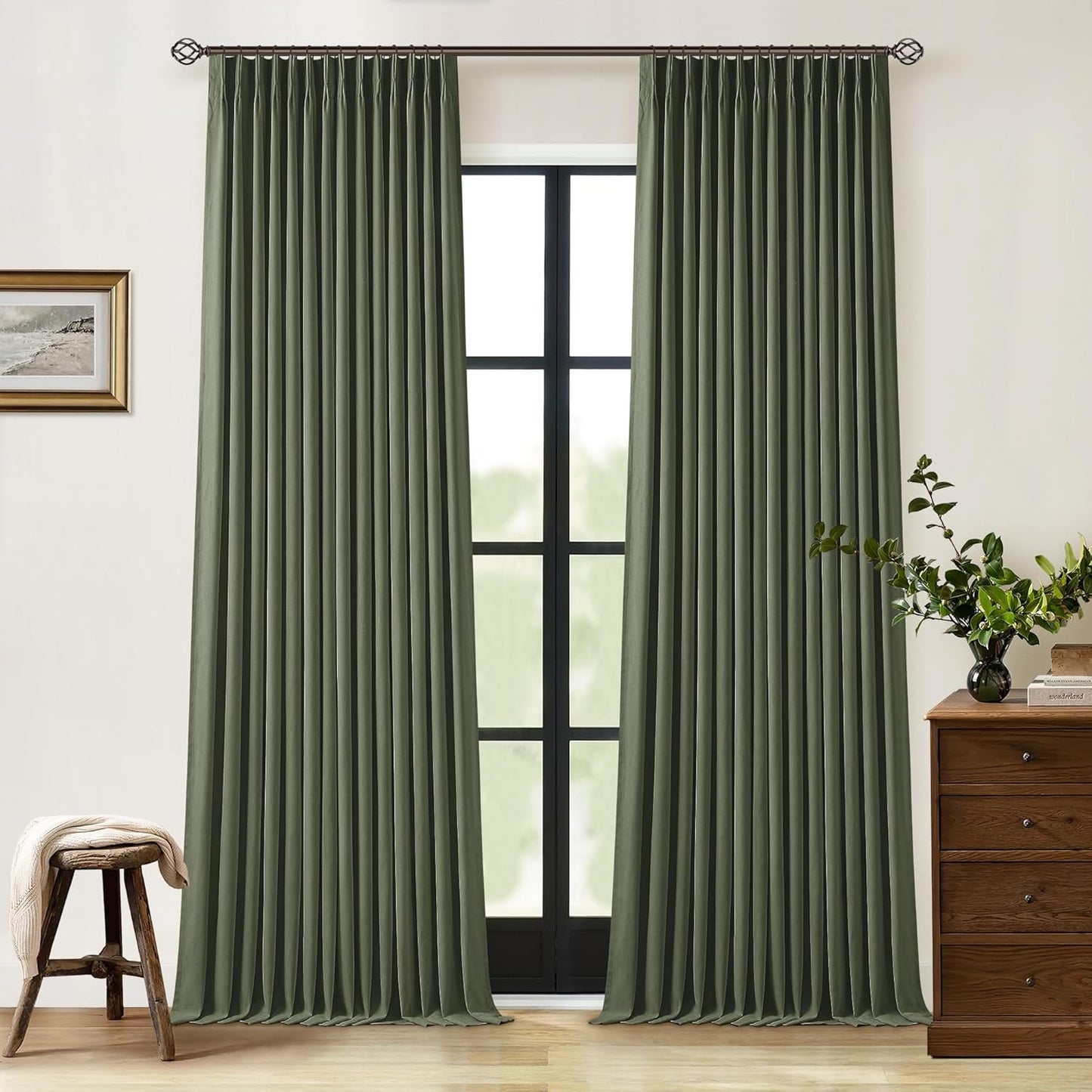 Olive Green Pleated Linen Blackout Curtains for Elegant Spaces