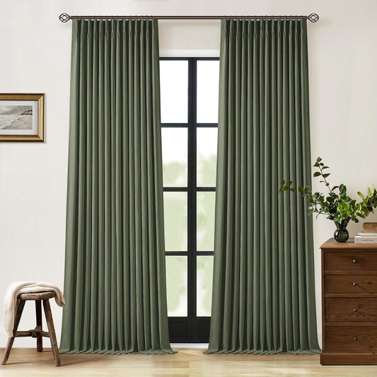 Olive Green Pleated Linen Blackout Curtains for Elegant Spaces