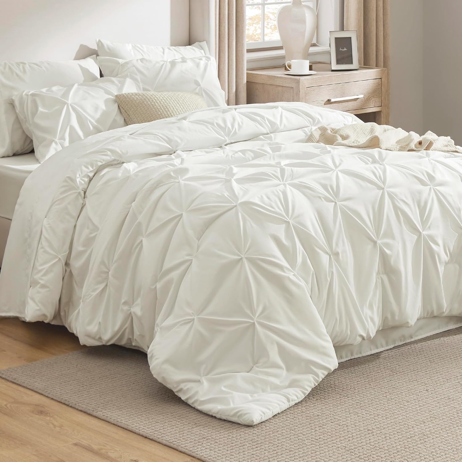 Bedsure Queen Comforter Set Ivory - 7 Piece Bed in a Bag