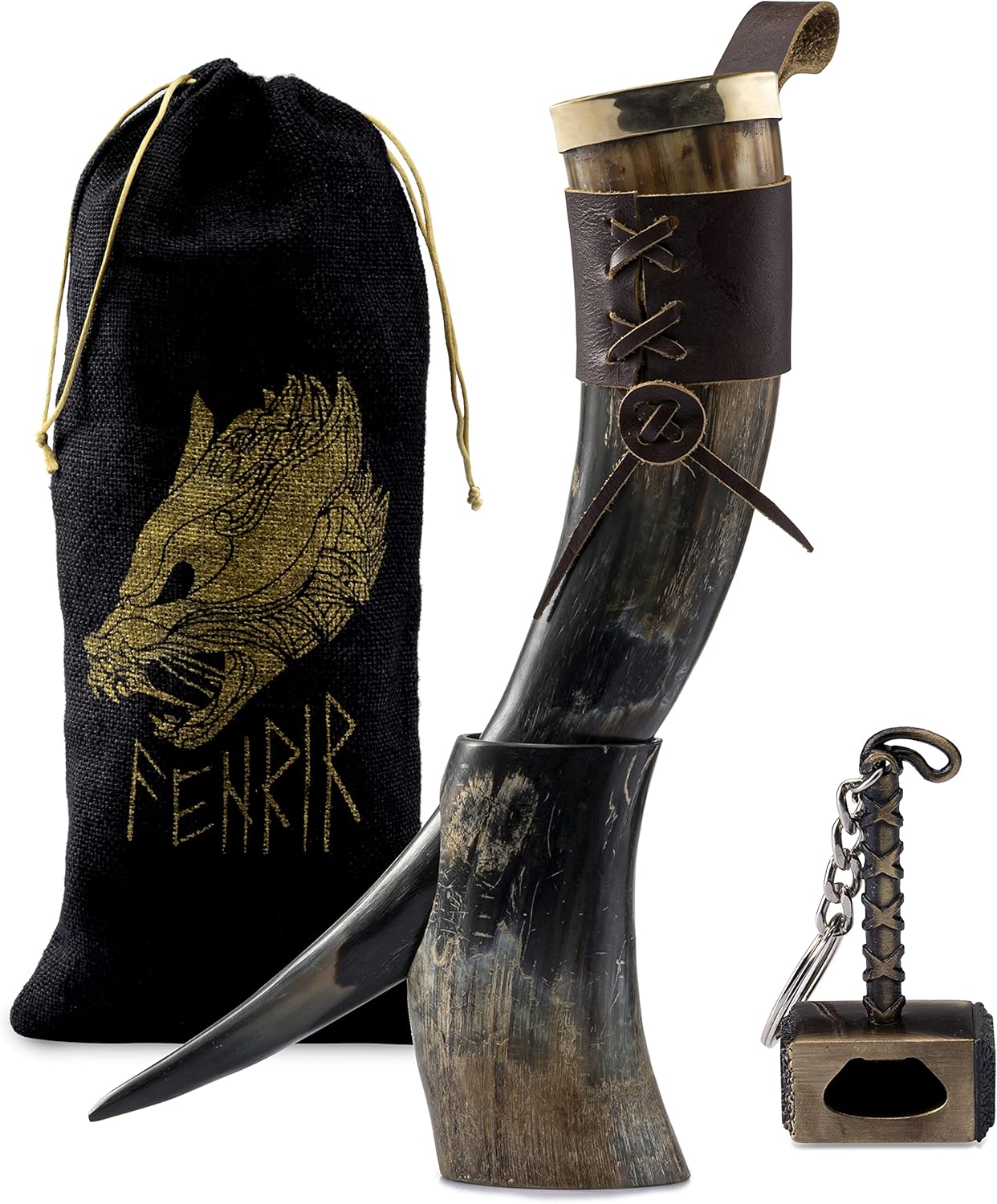 FENRIR Viking Drinking Horn Set with Stand and Opener Gift
