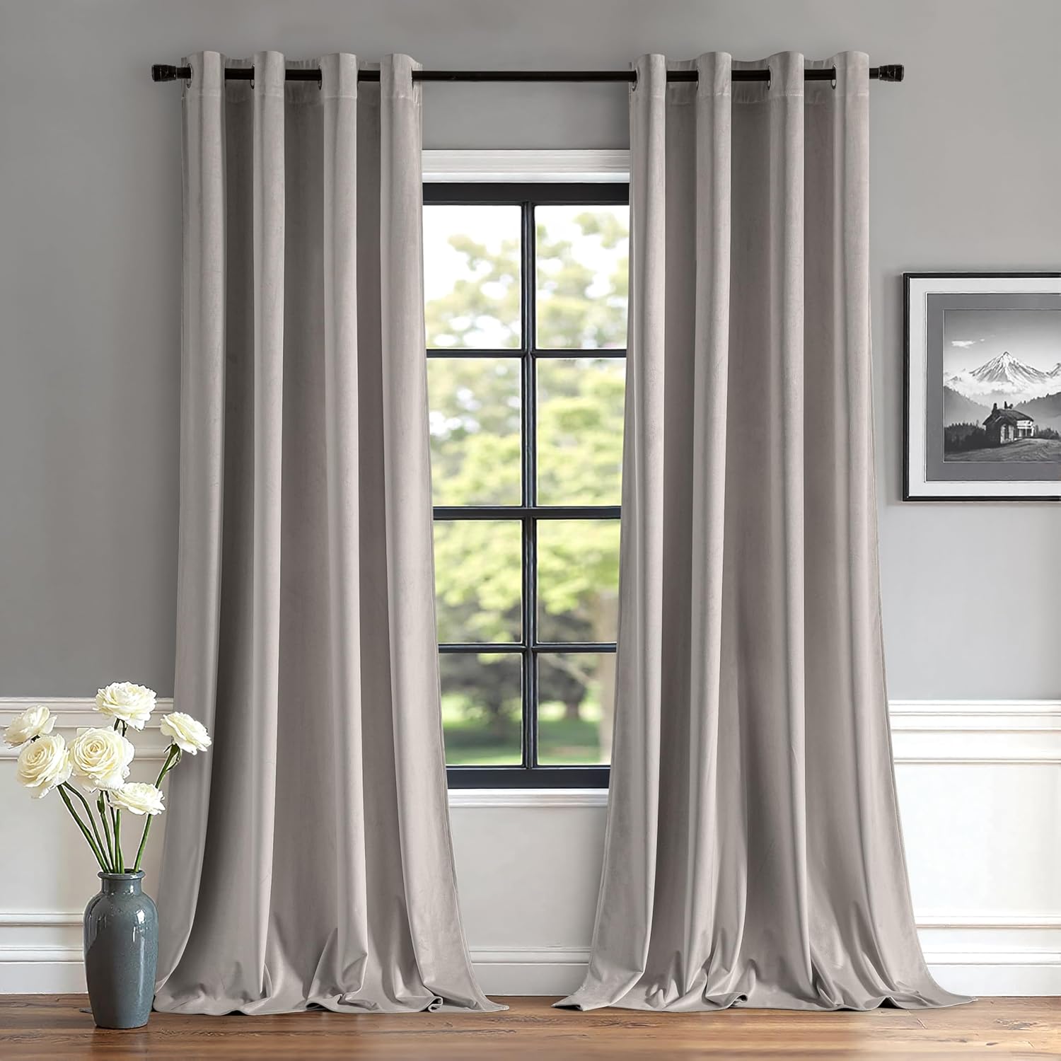 MIULEE Velvet Curtains Silver Light Grey Elegant Grommet Drapes
