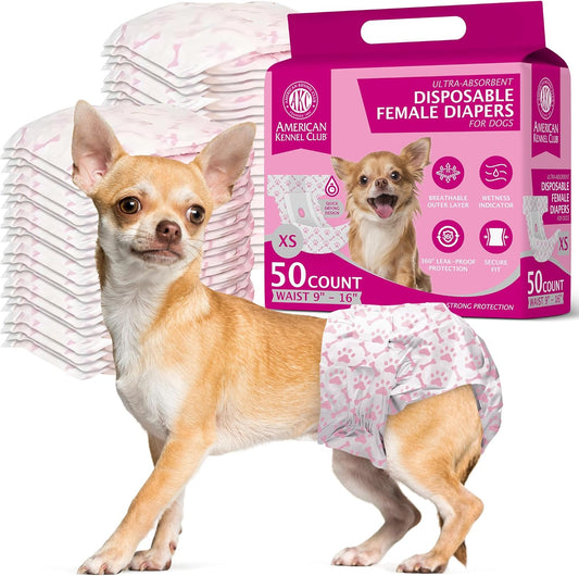 AKC X-Small Dog Diapers w/ Wetness Indicator, 50-Pack