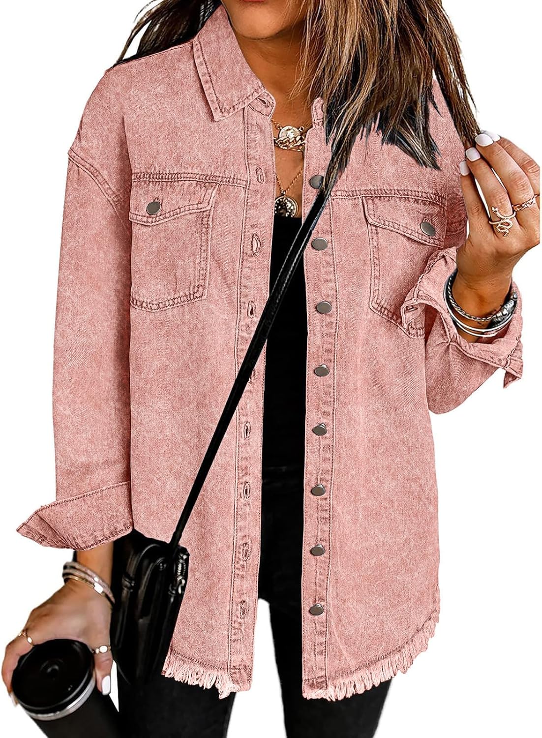 Oversized Button Up Frayed Hem Shacket for Women - Denim Jacket