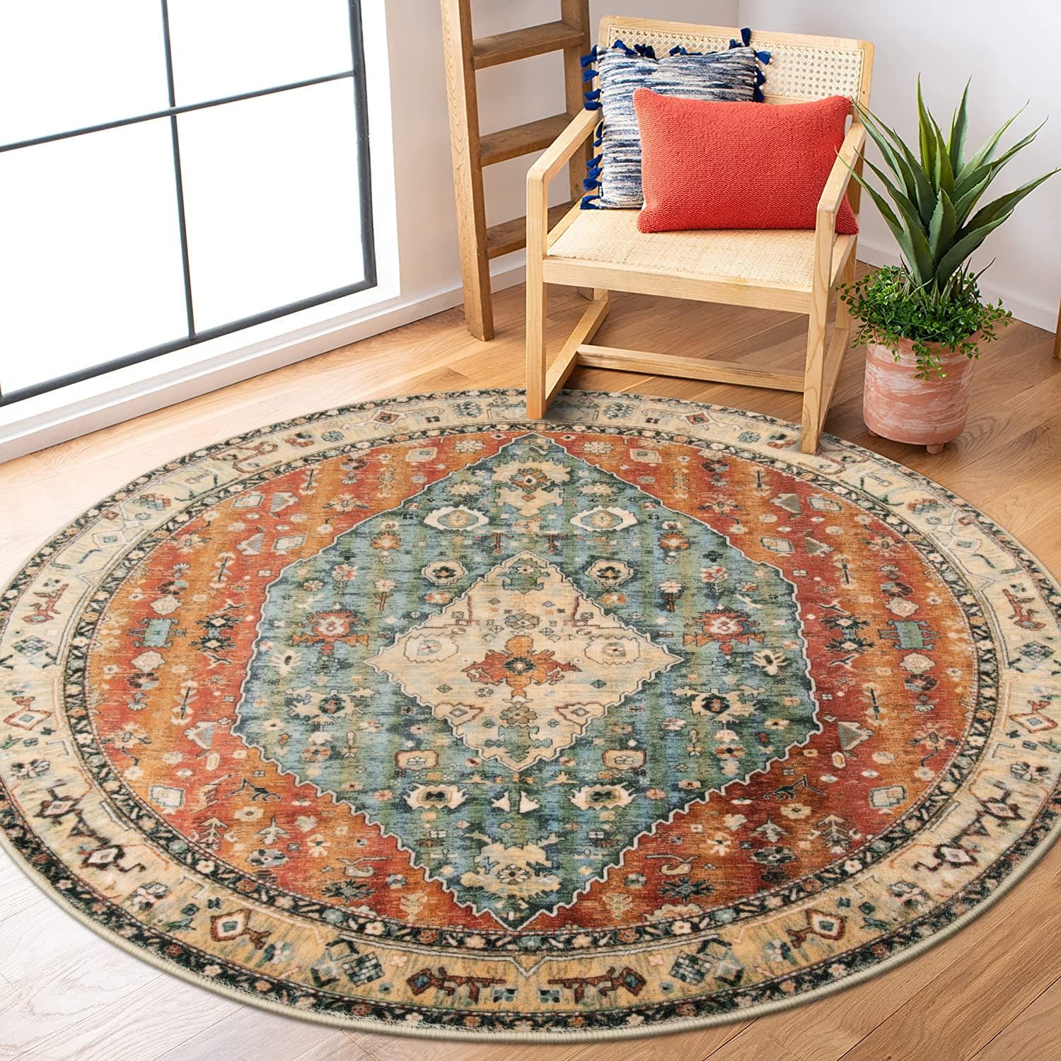 Lahome Boho Tribal Round Rugs 5ft Washable Non Slip Area Rug