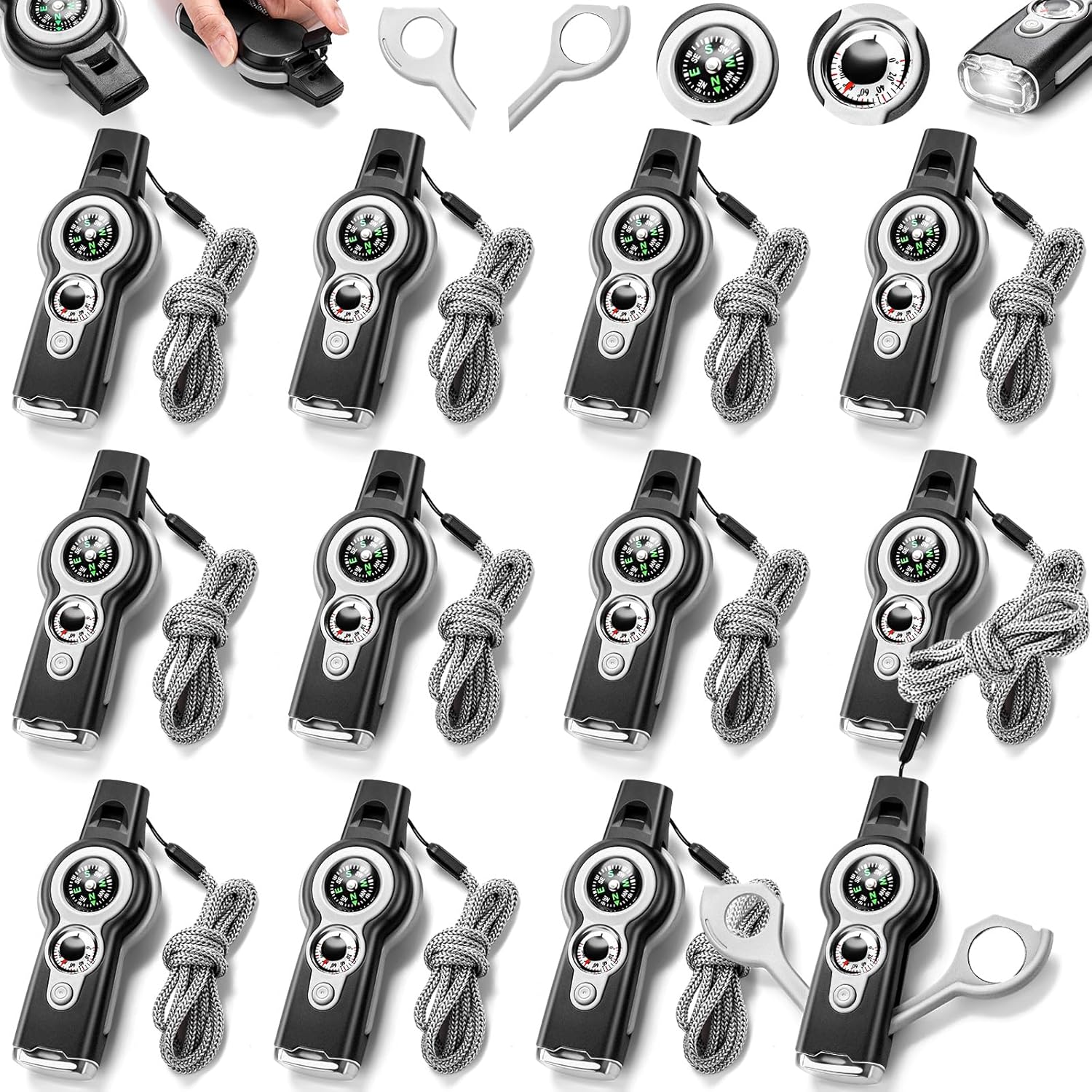 Arrowbash 12 Pack 7-in-1 Safety Whistle Set