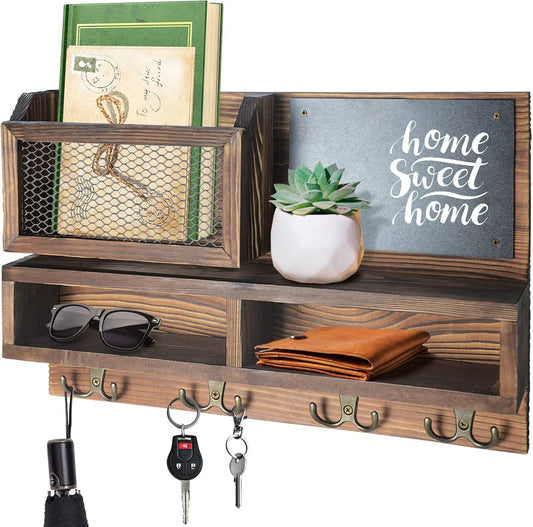 Key Holder for Wall with Mail Organizer and Hooks for Storage