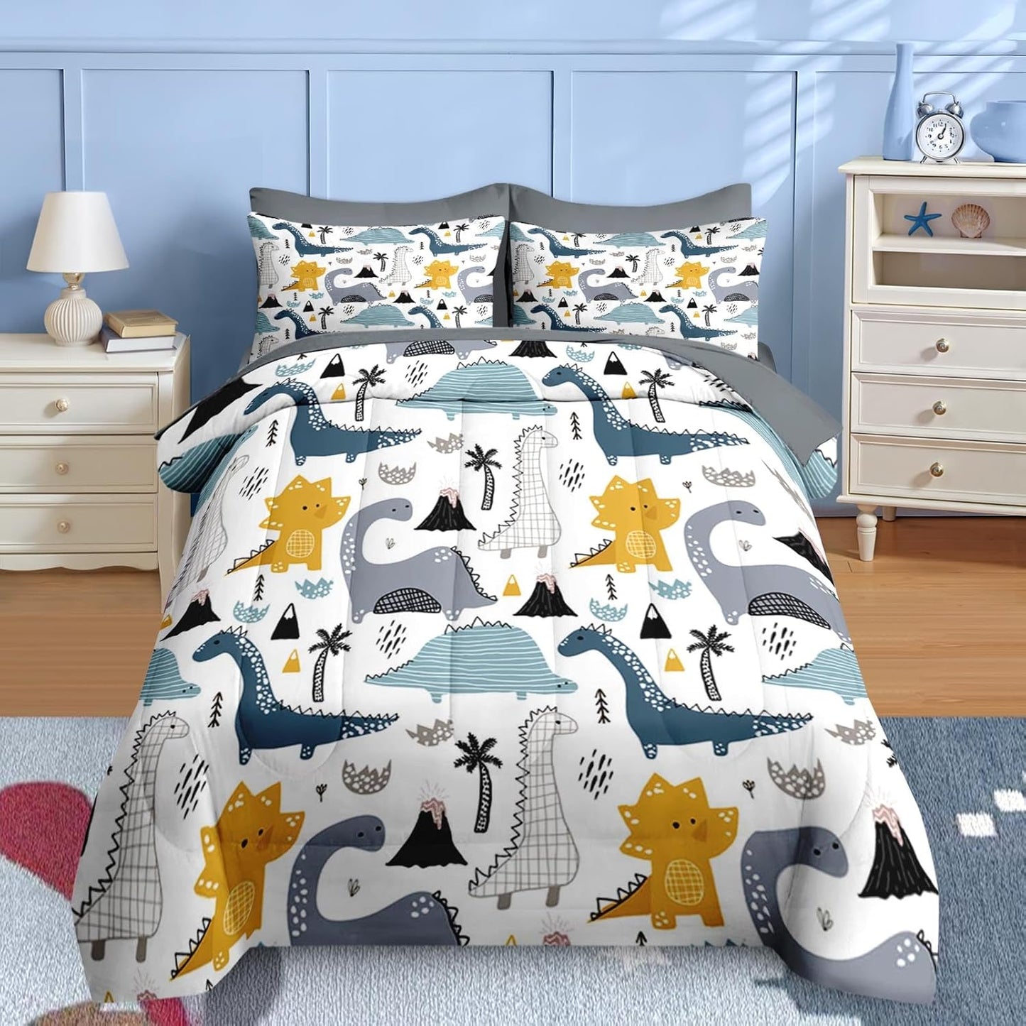 Cute Dinosaur Comforter Set for Kids and Teens, 7 Pcs Bedding