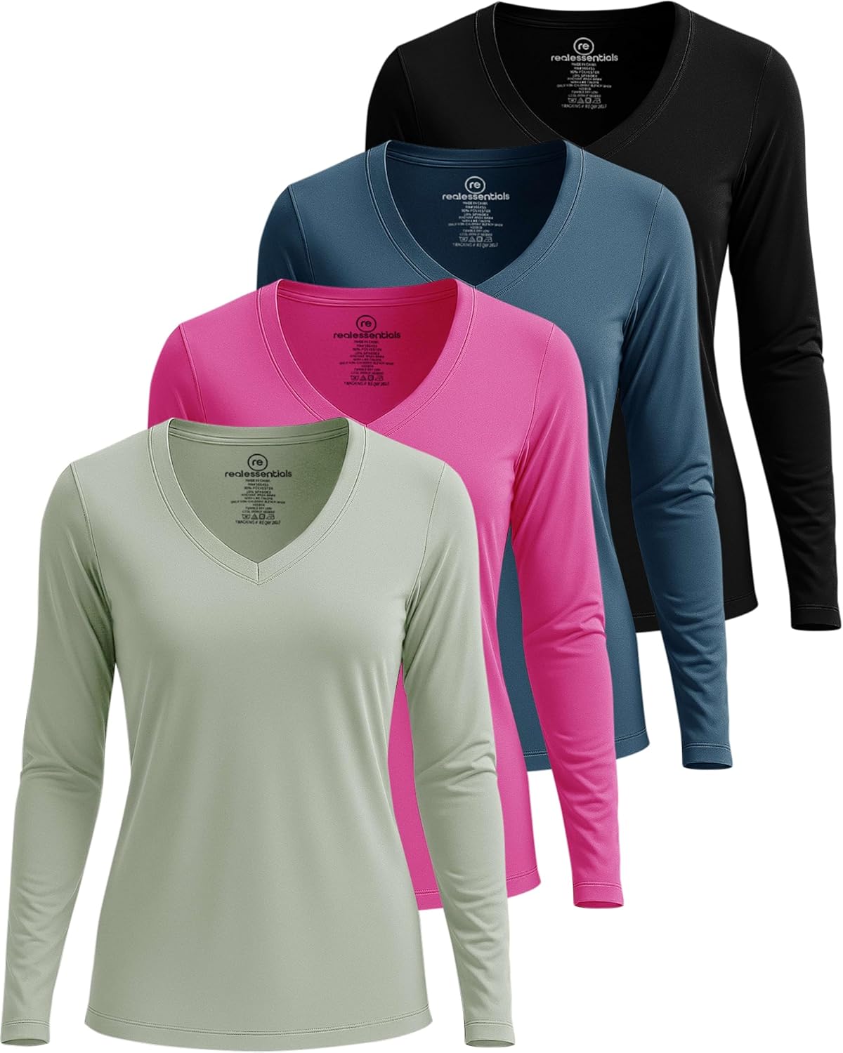 Real Essentials Women's Long Sleeve Dry Fit V-Neck Athletic Tops