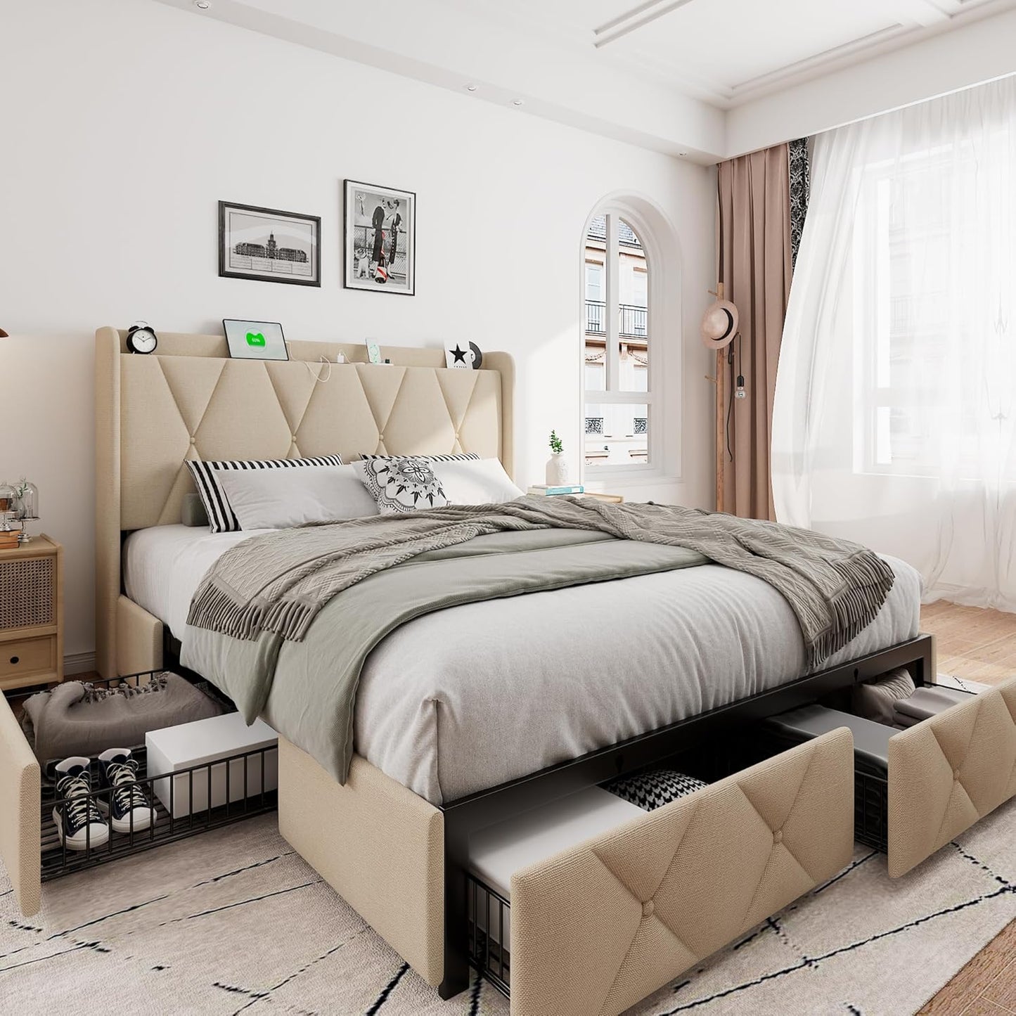 iPormis Queen Bed Frame with Storage Drawers and Charging Station