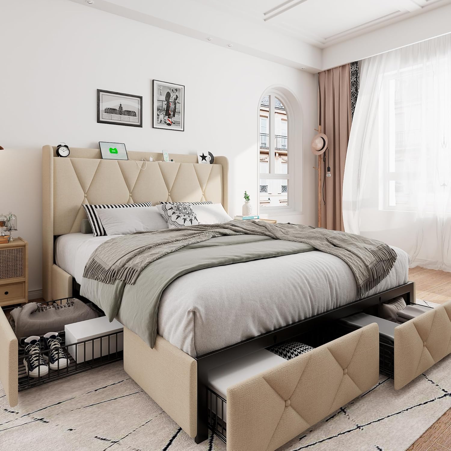 iPormis Queen Bed Frame with Storage Drawers and Charging Station