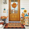Hello Fall Coco Coir Doormat + Orange Black Plaid Rug Set - Layered