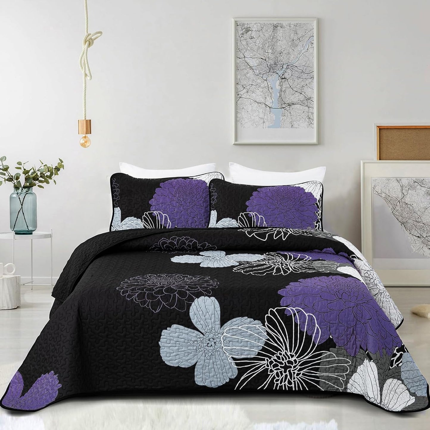 Purple Floral Quilt Set Queen Size - Soft Microfiber Bedspread
