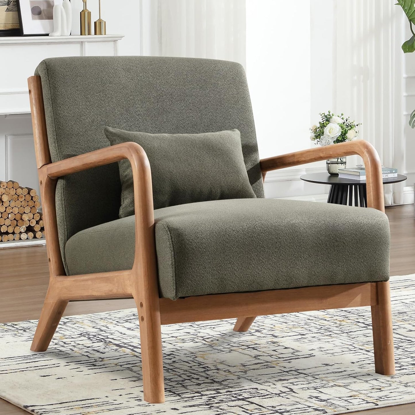 Comfy Mid Century Accent Chair - Easy Assembly - Lumbar Pillow - Linen Green