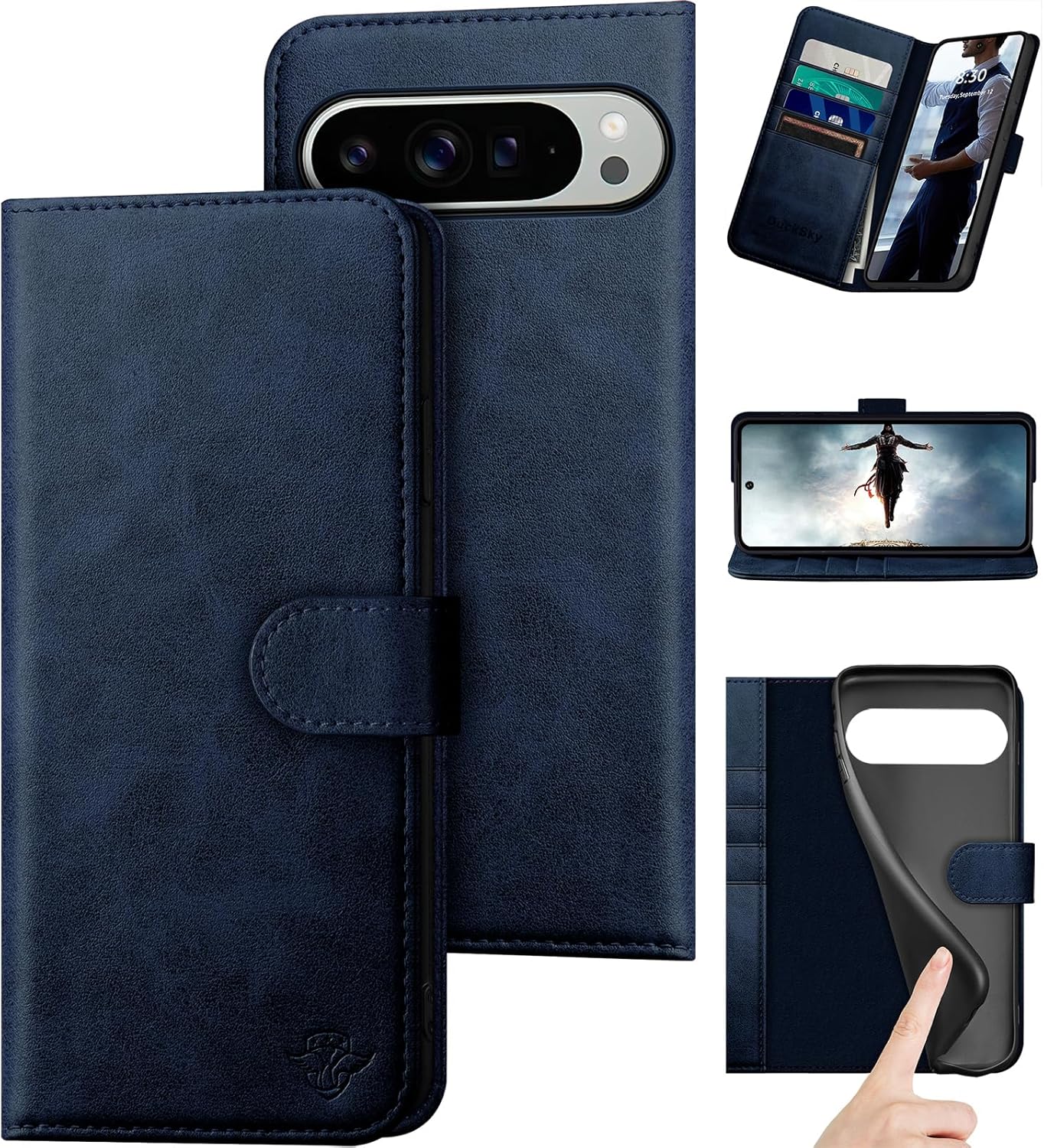 Genuine Leather Wallet Case for Google Pixel 10 Pro XL - Dark Blue