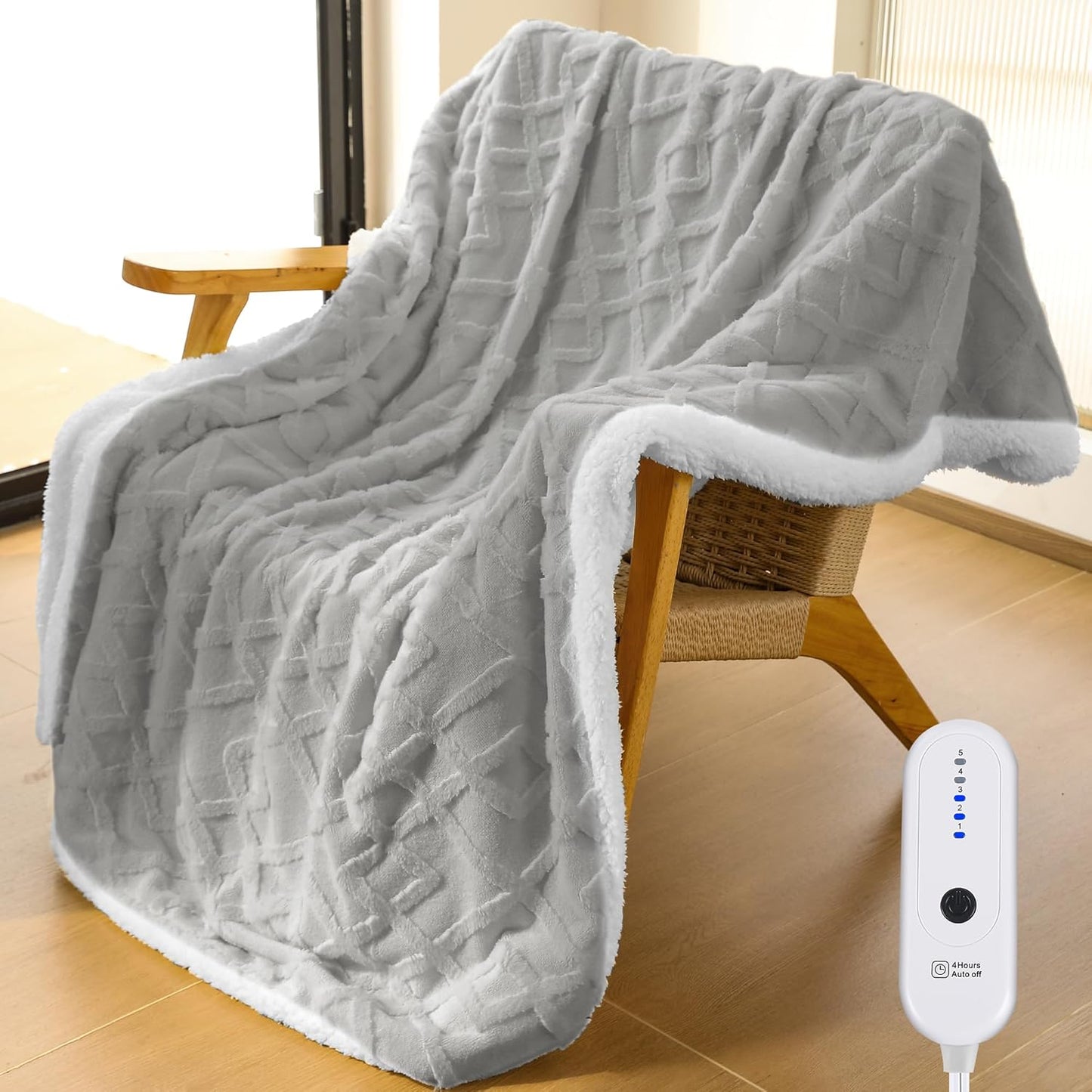 Faux Fur Electric Throw Blanket with 5 Heating Levels for Comfort