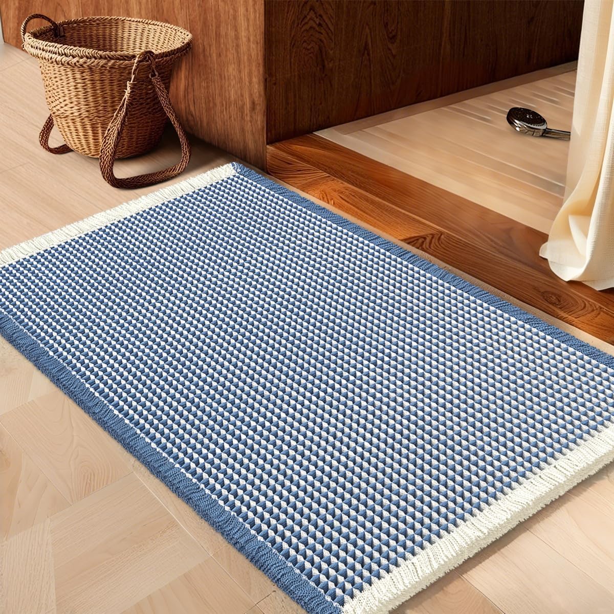 Waffle Bath Mat Blue & Cream - Soft Washable Non Slip Rug