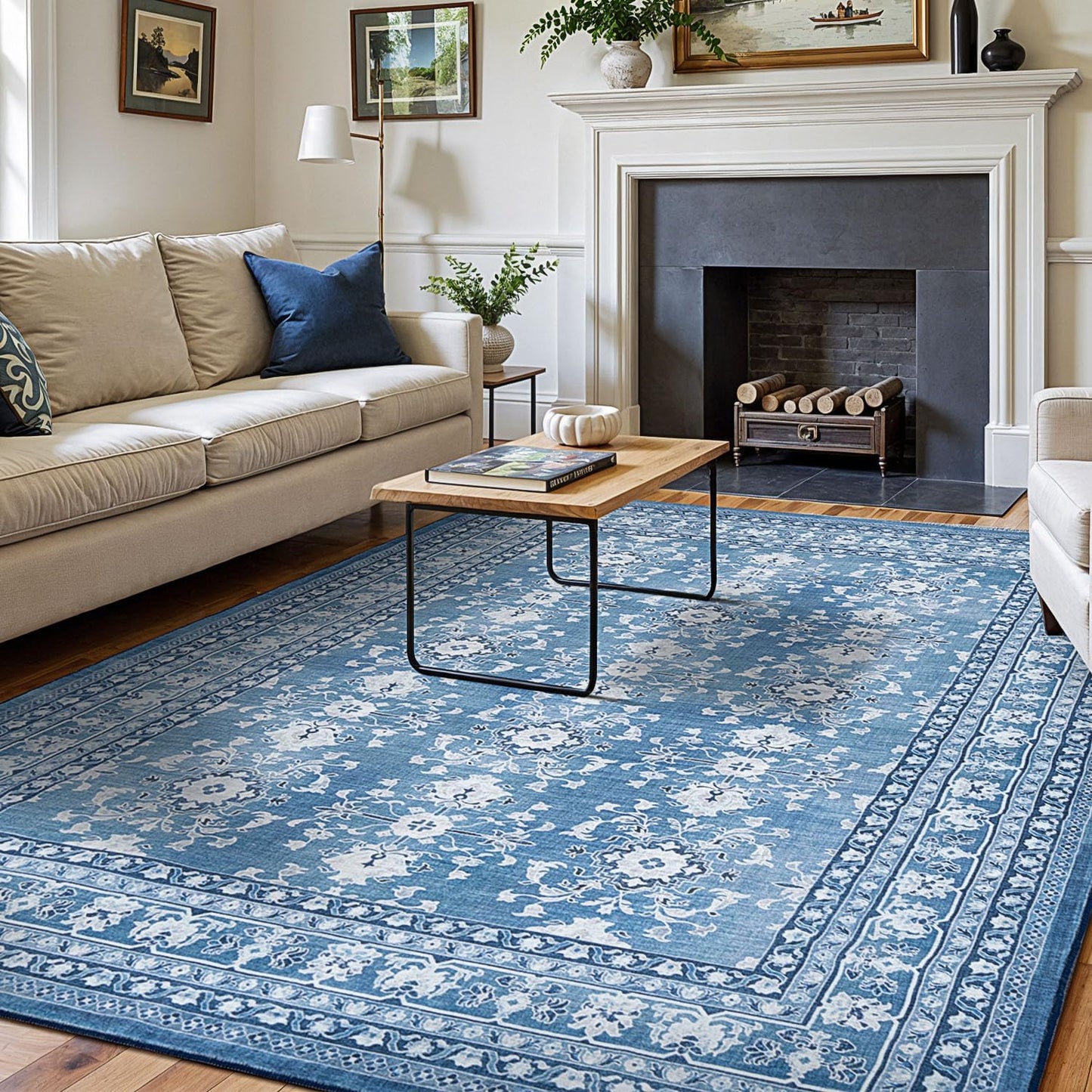 5x7 Area Rugs for Living Room - Vintage Blue Distressed Floral
