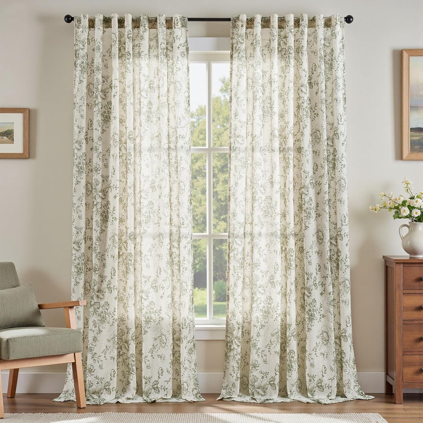 Floral Linen Blend Curtains for Living Room 96 Inch Length