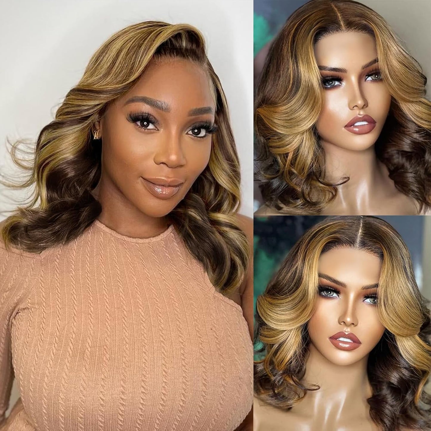 RECOOL Loose Body Bob Wig Highlight Blonde Short Hair for Women