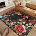 Washable Floral Area Rug 5ftx7ft Black - Soft Non-Slip Low-Pile
