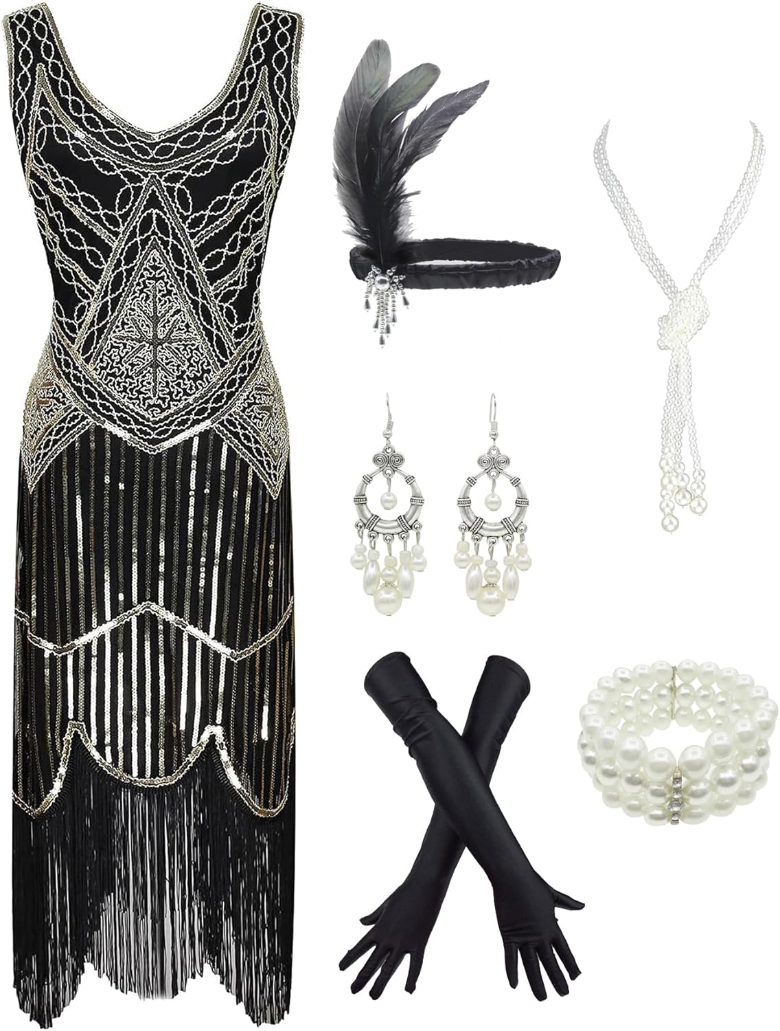 1920s Gatsby Sequin Fringed Flapper Dress with Accessories Set